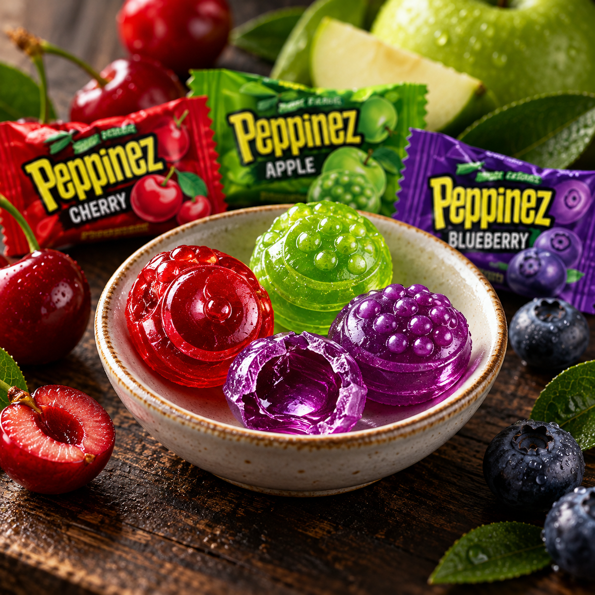 Close-up of Roshen Peppinez hard candies showing the fruit filling