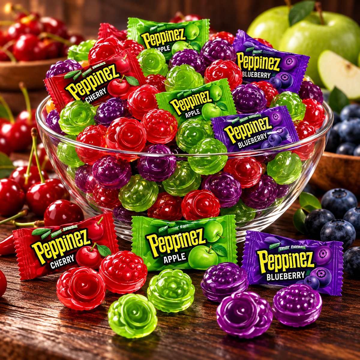Bowl of wrapped and unwrapped Roshen Peppinez candies in three flavors