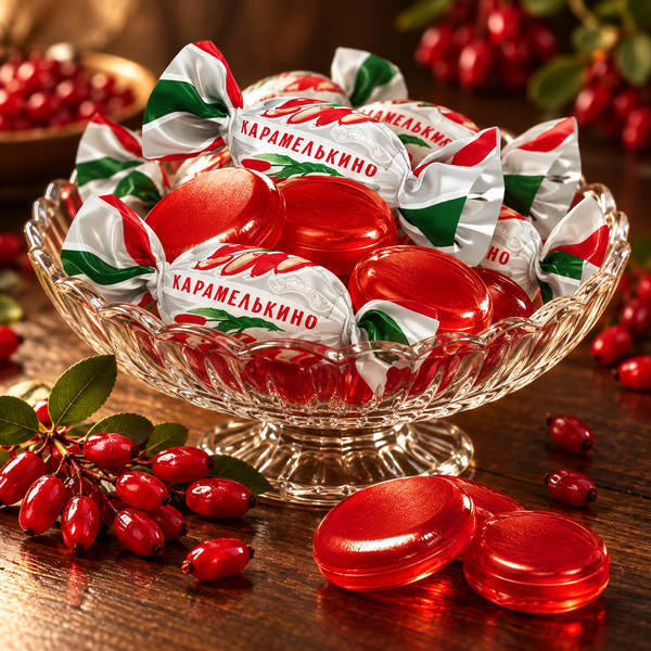 Barberry hard candies in Karamelkino wrappers in a crystal candy dish