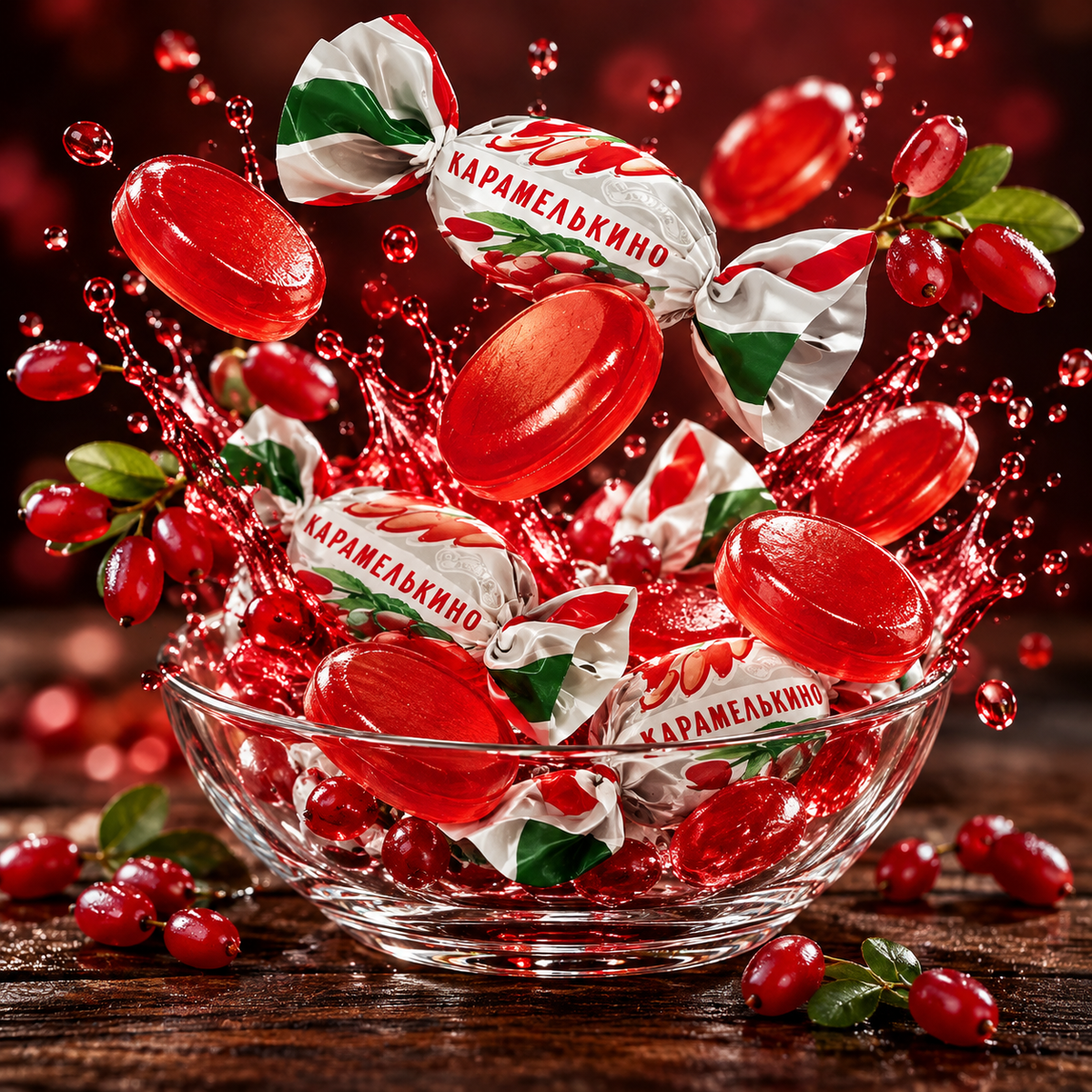 Red barberry hard candies and wrappers splashing into a glass bowl