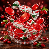 Red barberry hard candies and wrappers splashing into a glass bowl