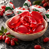 Bowl of red barberry caramels with one candy broken open