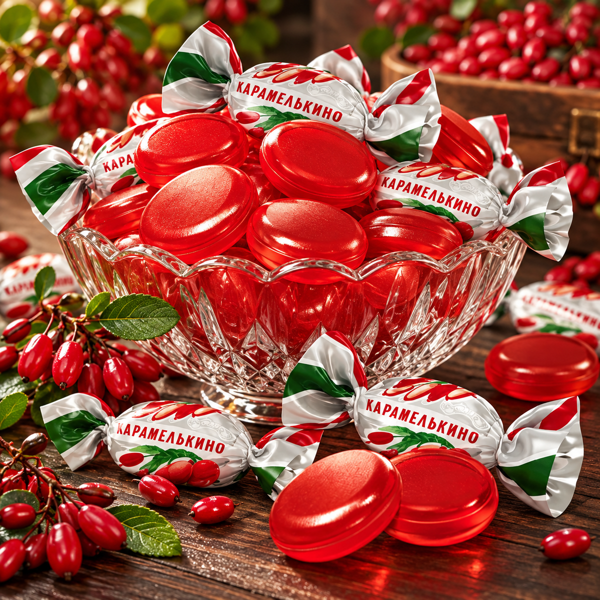 Crystal dish of Karamelkino barberry candies with fresh barberries