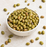 Close-up of crisp roasted edamame with sea salt