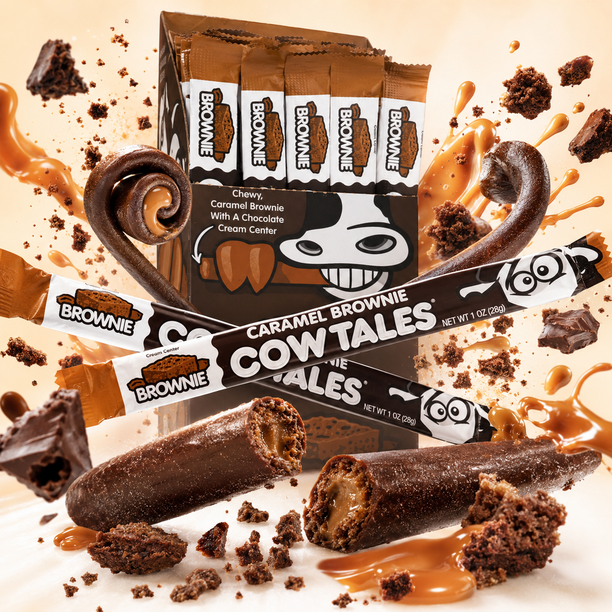 Caramel brownie Cow Tales stick cut to show the centre