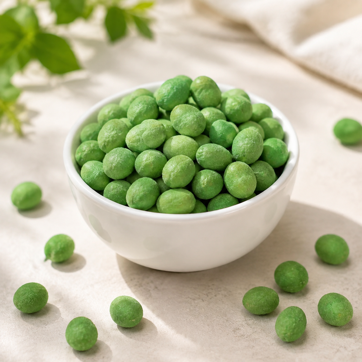 Wasabi peanuts in a serving bowl