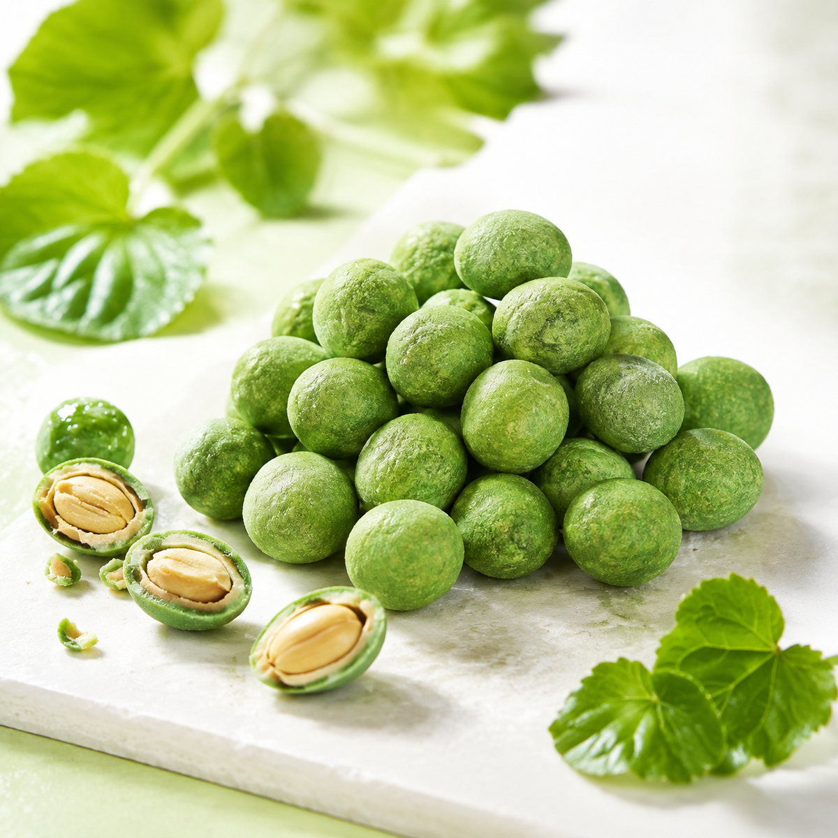 Wasabi-coated peanuts in a green crisp shell