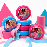 Close-up of a Barbie Bubble Tape tin