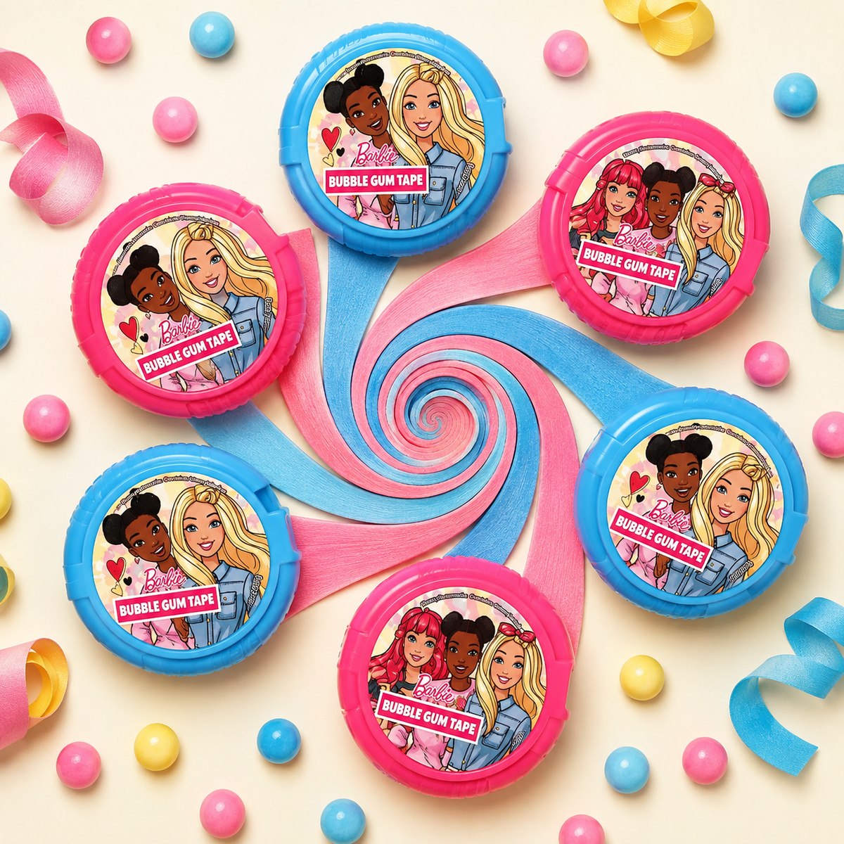 Barbie Bubble Tape tins in pink packaging