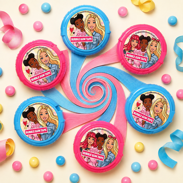 Barbie Bubble Tape tins in pink packaging