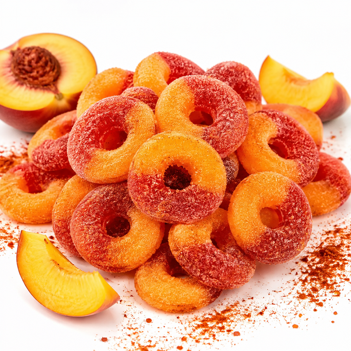 Chili chamoy peach rings in a serving bowl