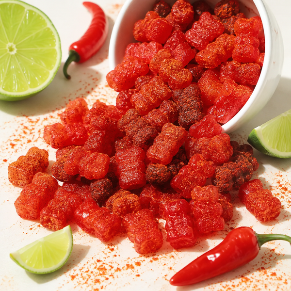 Chili chamoy gummy bears coated in red chili powder