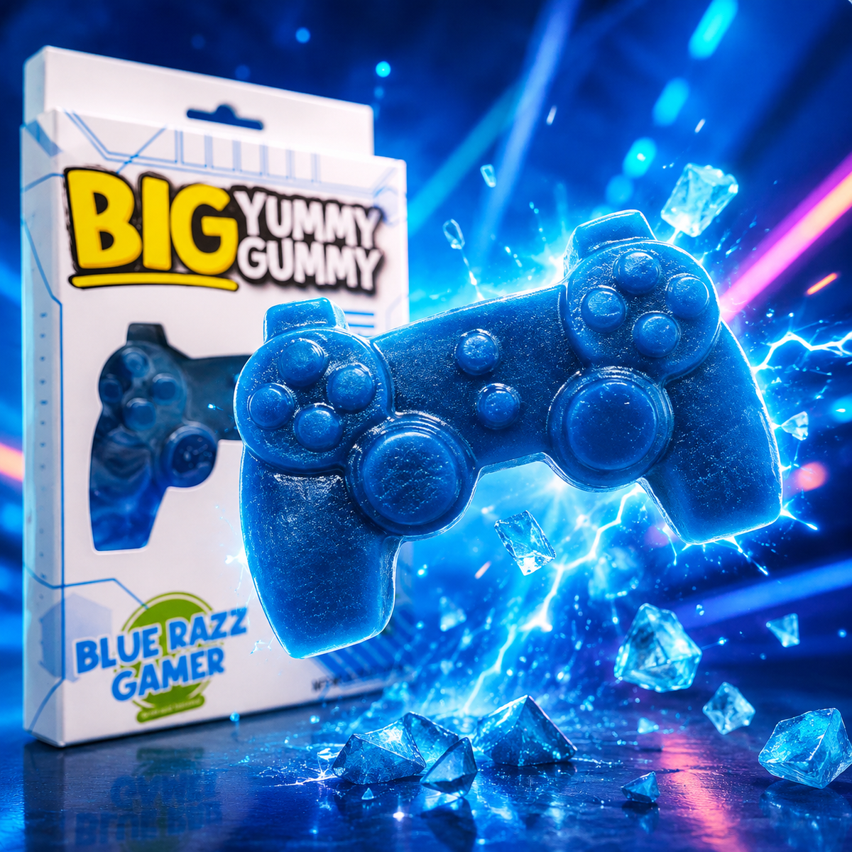 Giant blue raspberry gummy candy shaped like a video game controller