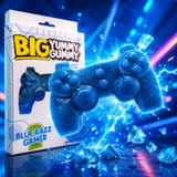 Giant blue raspberry gummy candy shaped like a video game controller