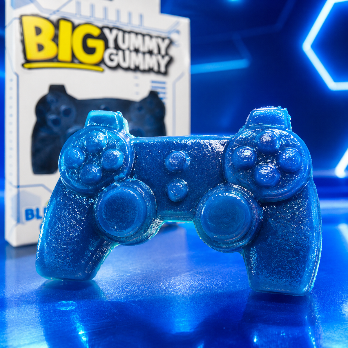 Giant blue raspberry gummy candy shaped like a video game controller