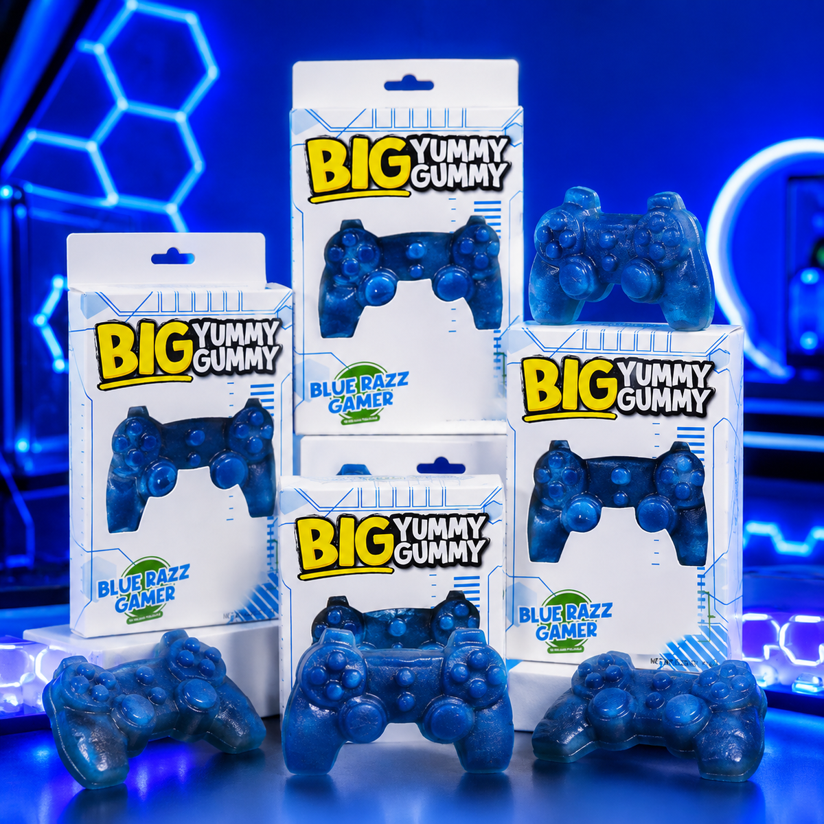 Giant blue raspberry gummy candy shaped like a video game controller