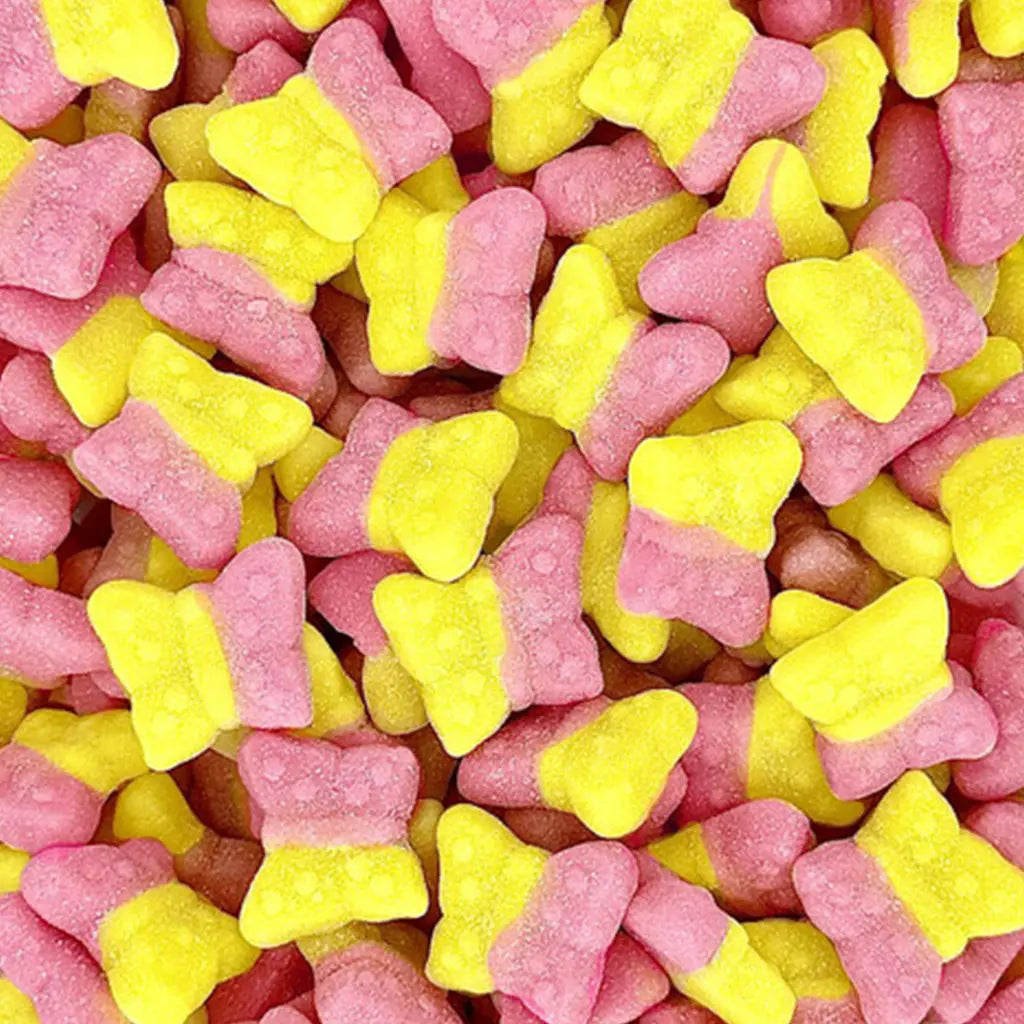 Close-up of two-tone gummy butterflies