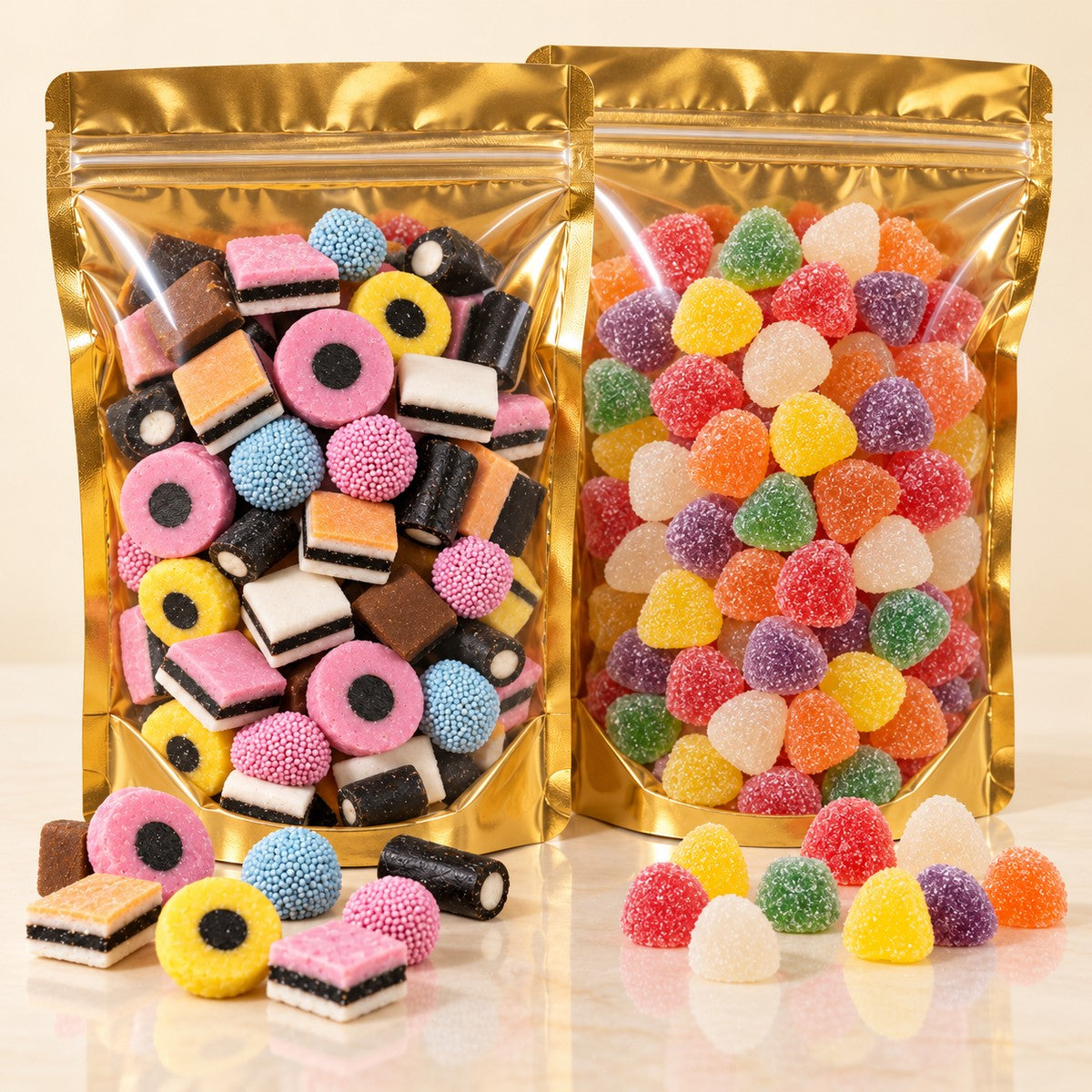 Two pouches of candy: Licorice Allsorts and spice drops