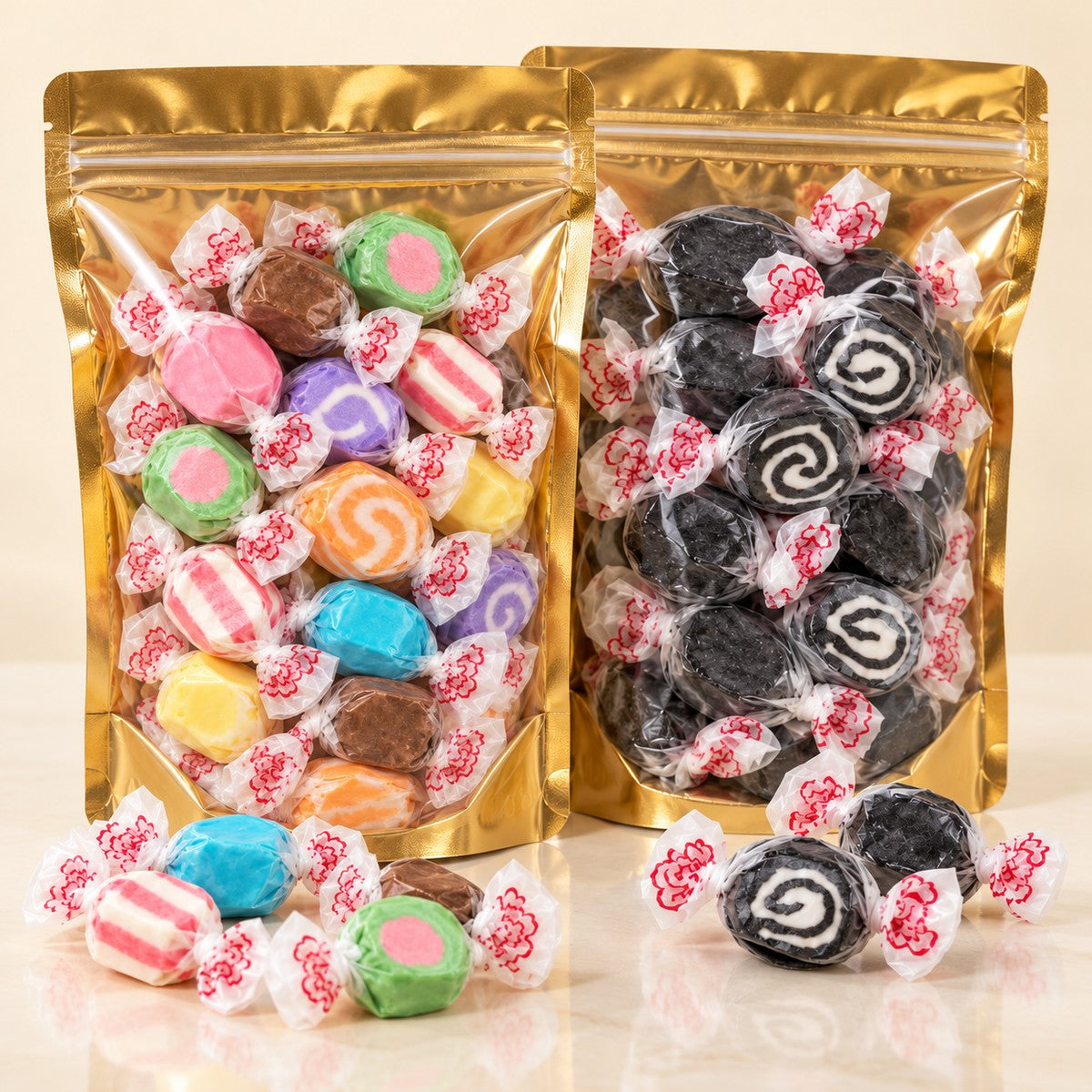 Two pouches of salt water taffy: assorted and black licorice swirl