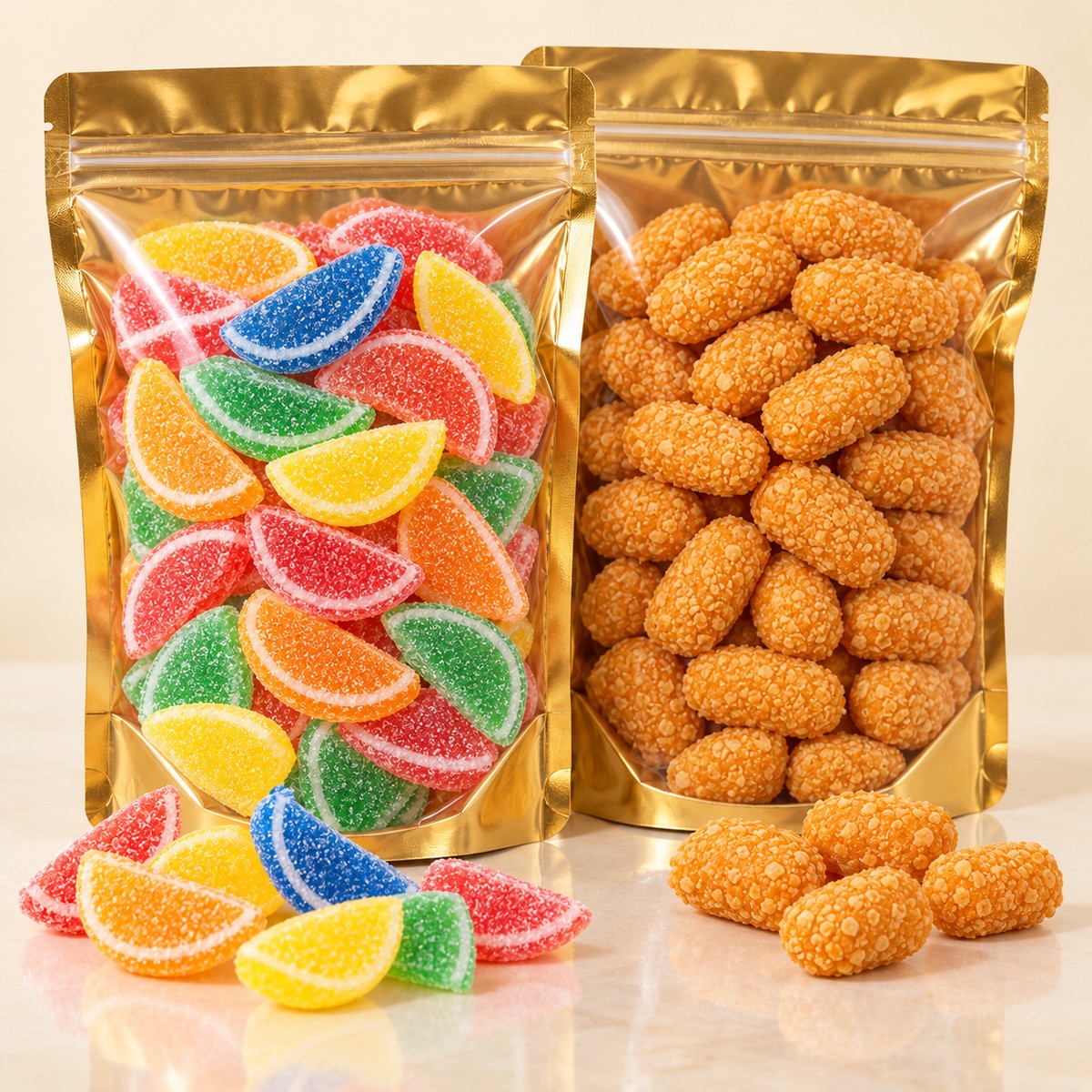 Two pouches of candy: Boston Fruit Slices and Chick-O-Stick Bites