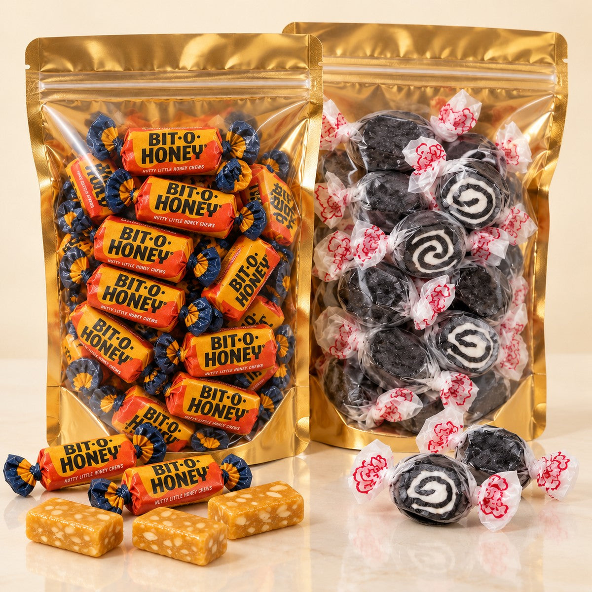 Two pouches of candy: Bit-O-Honey and black licorice swirl taffy