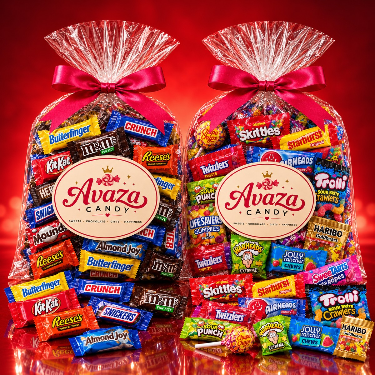 Two red-background bags of party candy: chocolate mix and fruity candy mix