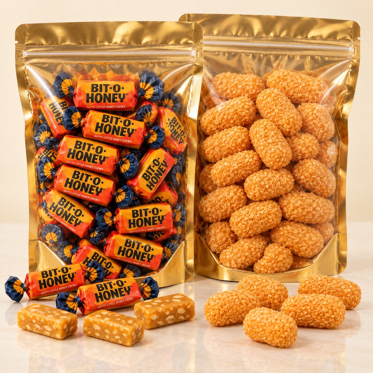 Two pouches of candy: Bit-O-Honey and Chick-O-Stick Bites