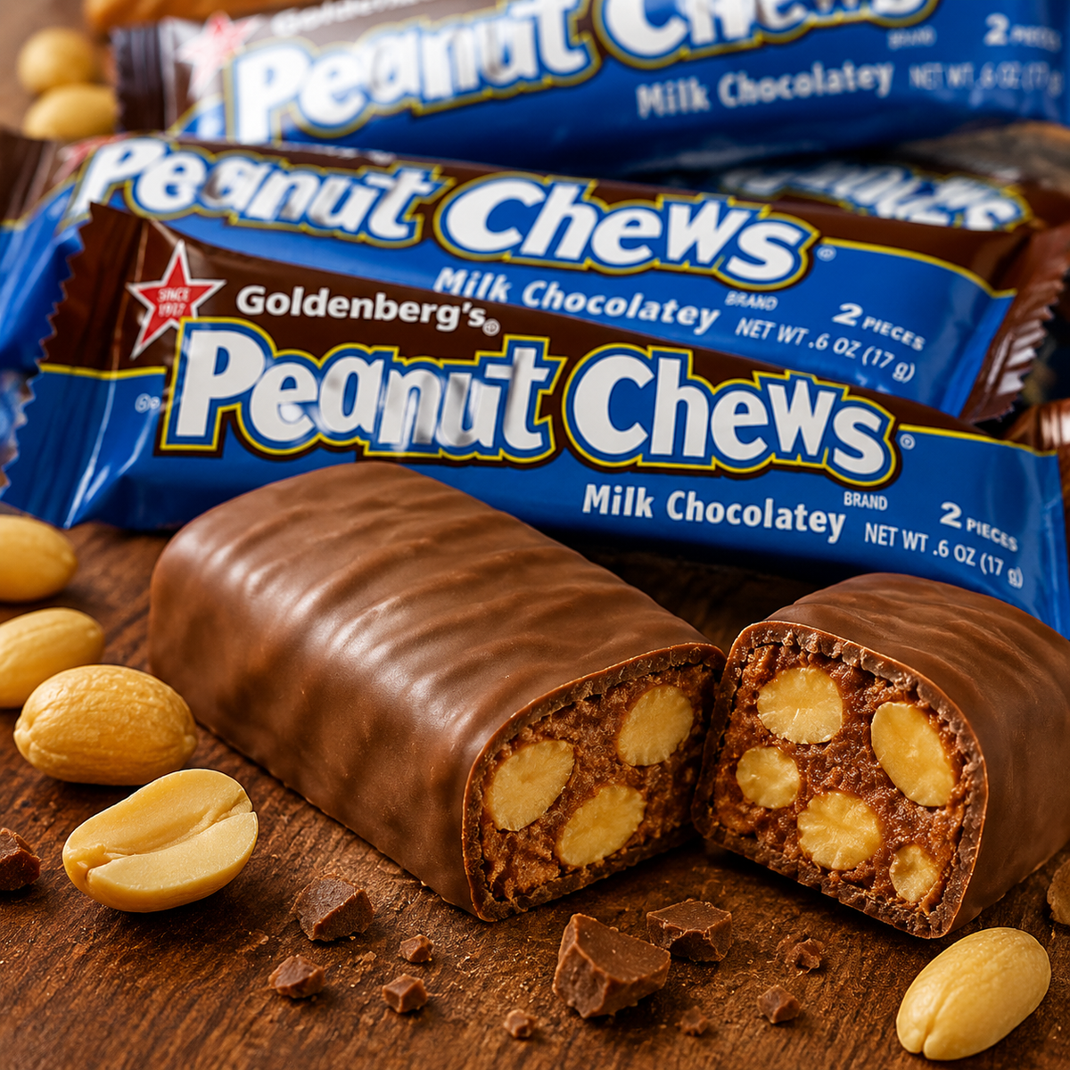 Goldenberg Peanut Chews milk chocolate candy bars, 24 count