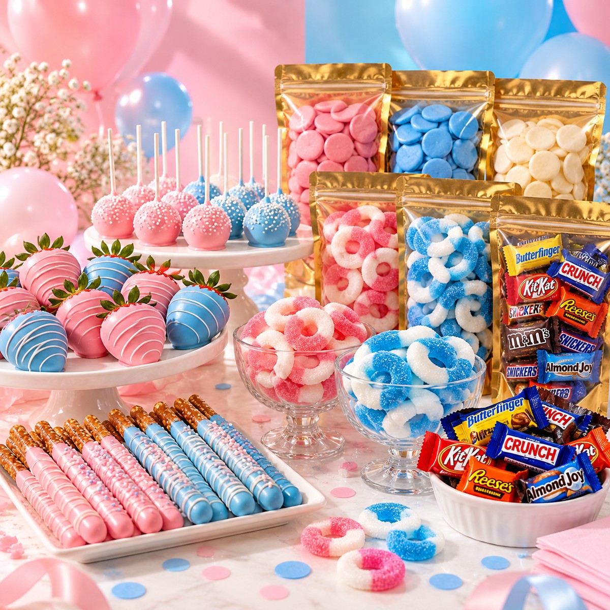 Gender reveal dessert table made with the kit: pink and blue dipped strawberries, cake pops, pretzels and gummy rings