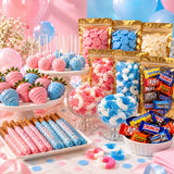 Gender reveal dessert table made with the kit: pink and blue dipped strawberries, cake pops, pretzels and gummy rings