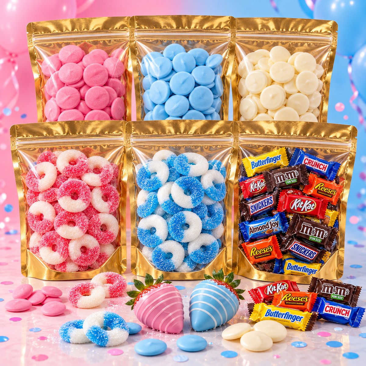 Gender Reveal Party Kit: six gold-back pouches of pink, blue and white melting wafers, pink and blue gummy rings and wrapped chocolates
