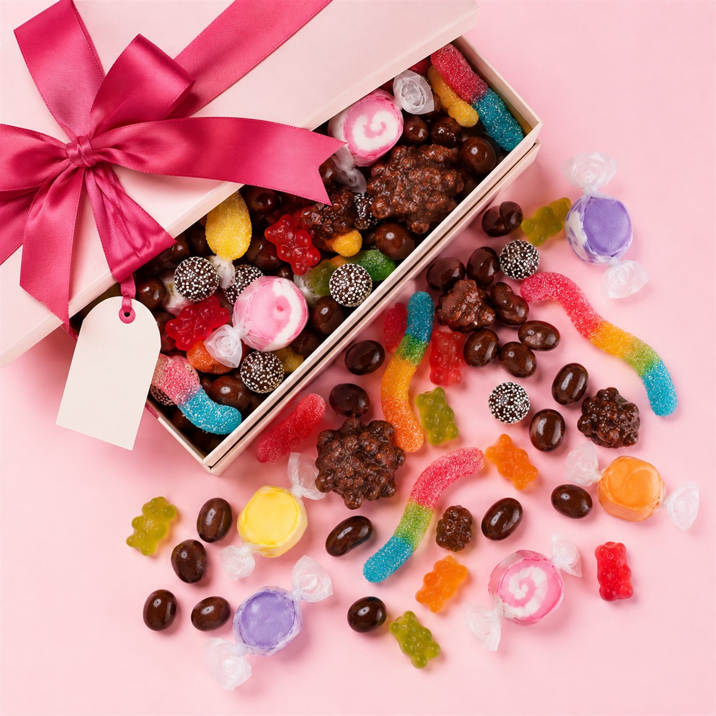Avaza gift box with assorted candy and raspberry ribbon
